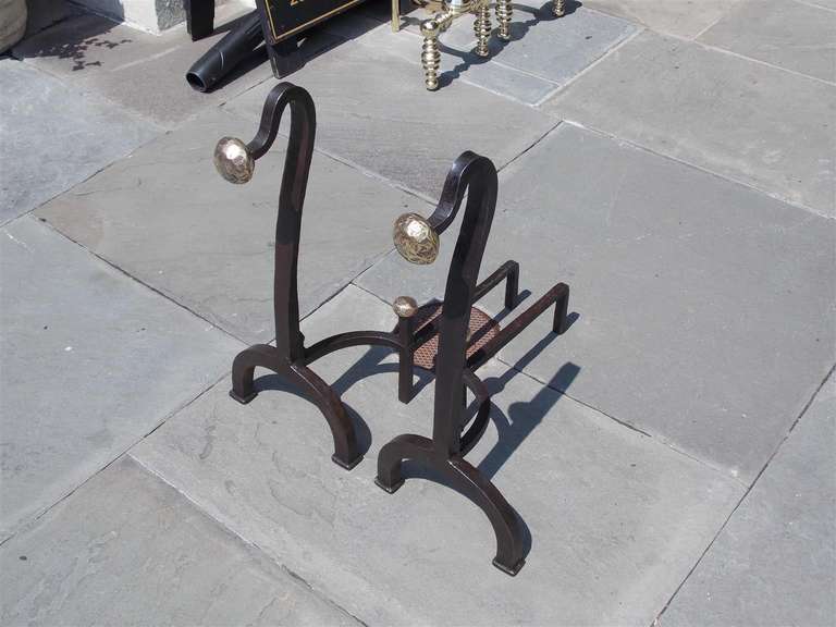 Pair of American Goose Neck Wrought Iron and Bronze Andirons. Circa 1850 1