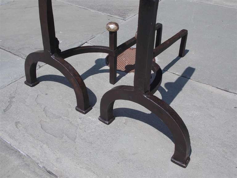 Pair of American Goose Neck Wrought Iron and Bronze Andirons. Circa 1850 4