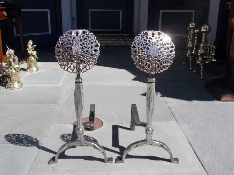 Pair of American Nickel silver, polished steel, and bronze tulip medallion andirons with dog legs and stylized penny feet.  19th Century