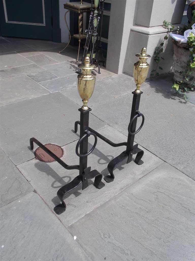 American Colonial Pair of American Brass Urn Finial & Wrought Iron Andirons with Penny Feet C 1800 For Sale