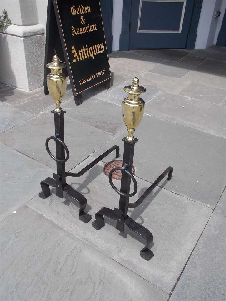 Cast Pair of American Brass Urn Finial & Wrought Iron Andirons with Penny Feet C 1800 For Sale