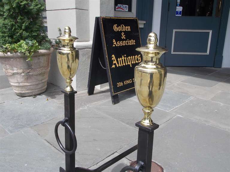 Pair of American Brass Urn Finial & Wrought Iron Andirons with Penny Feet C 1800 In Excellent Condition For Sale In Hollywood, SC