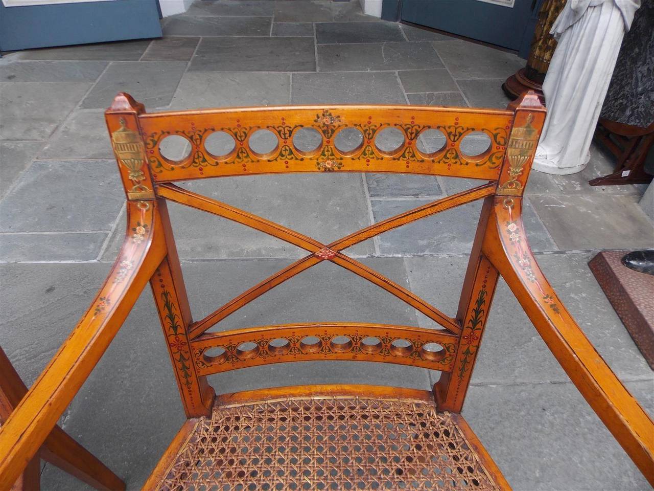 George III Pair of English Satinwood Painted Arm Chairs, Circa 1800