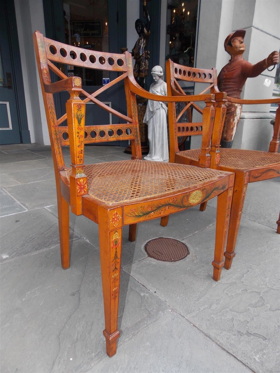 Hand-Carved Pair of English Satinwood Painted Arm Chairs, Circa 1800