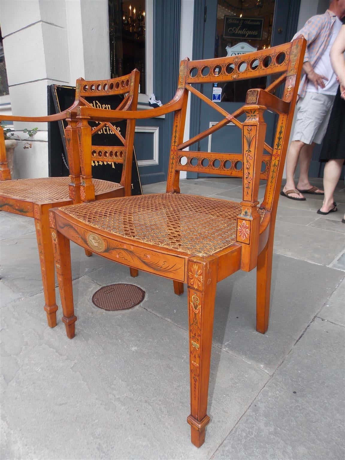 Pair of English Satinwood Painted Arm Chairs, Circa 1800 In Excellent Condition In Hollywood, SC