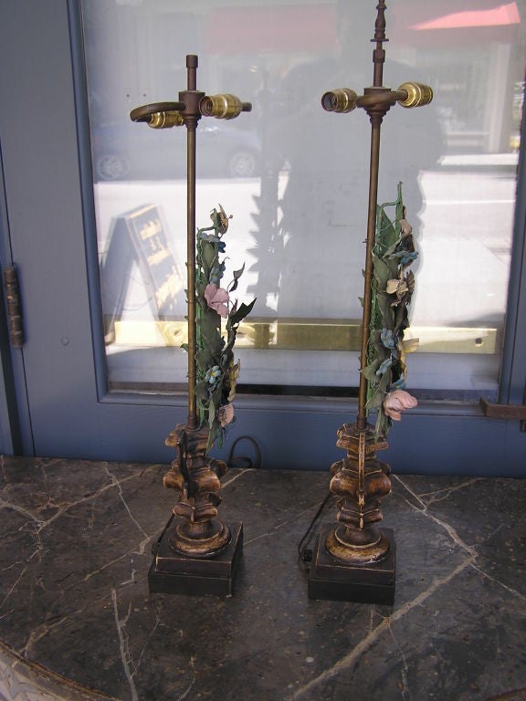 Pair of Italian Gilt Carved & Tole Pricket Lamps. Circa 1840 1
