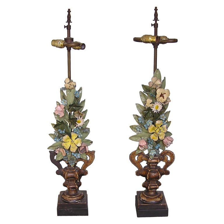 Pair of Italian Gilt Carved & Tole Pricket Lamps. Circa 1840
