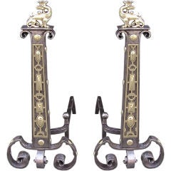 Pair of English Polished Steel & Brass Flanking Dragon Andirons, Circa 1830