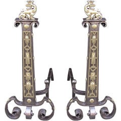 Pair of English Polished Steel & Brass Flanking Dragon Andirons, Circa 1830