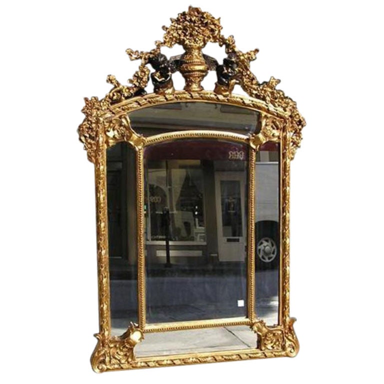 French Carved Wood & Gilt Cherub Acanthus Wall Mirror. Circa 1820.