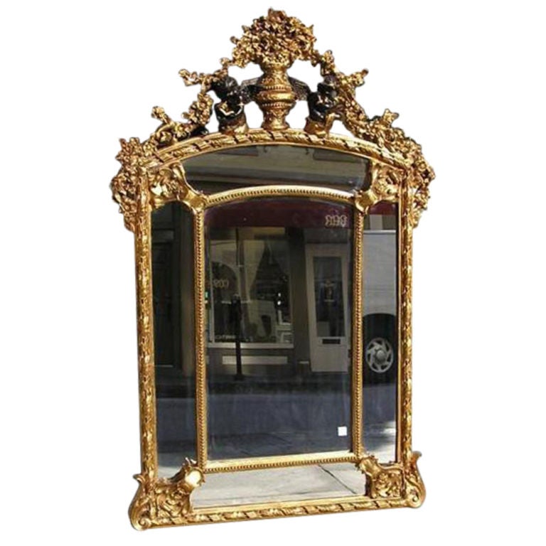 Grand Miroir Mural Baroque Français Ancien - Sculpté Doré, 126x57 Cm, Style Rococo, Occasion Avant 1970