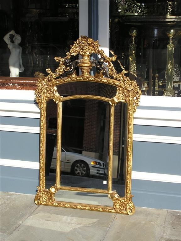 Louis Philippe French Carved Wood & Gilt Cherub Acanthus Wall Mirror. Circa 1820. For Sale