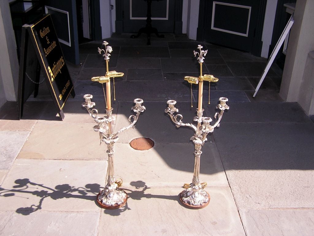 George III Pair of English Sheffield Monumental Hand Chased Floral Candelabras. Circa 1780 For Sale
