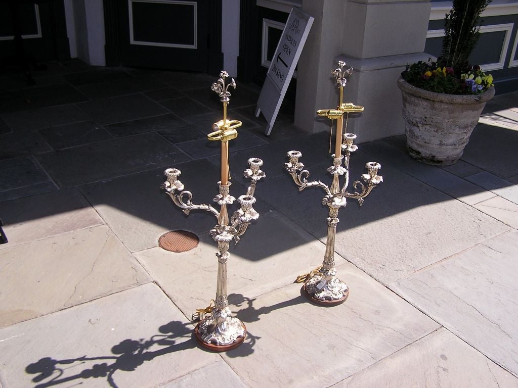 Hand-Carved Pair of English Sheffield Monumental Hand Chased Floral Candelabras. Circa 1780 For Sale