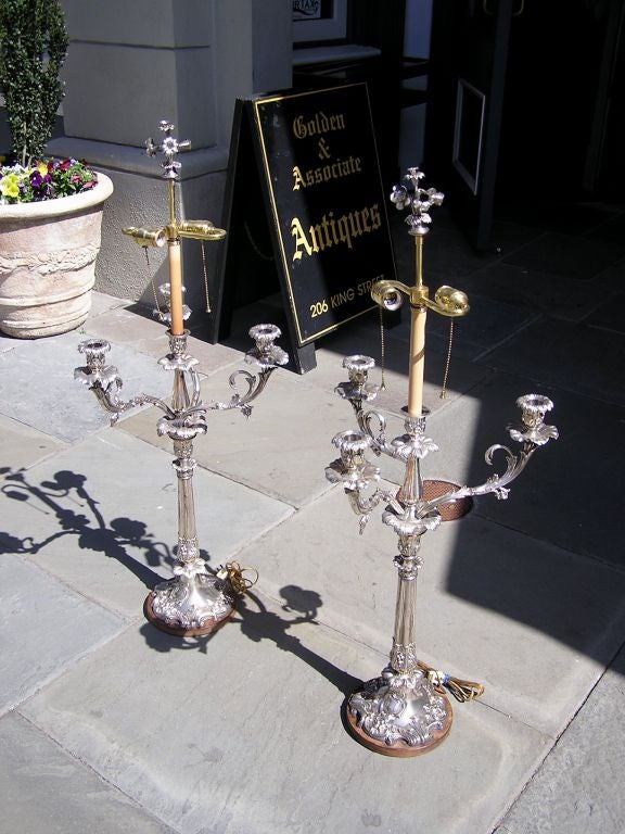 Pair of English Sheffield Monumental Hand Chased Floral Candelabras. Circa 1780 In Excellent Condition For Sale In Hollywood, SC