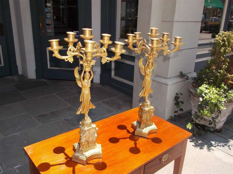 19th Century Pair of American Angelic Figural Gilt Bronze Candelabras, Circa 1820 For Sale