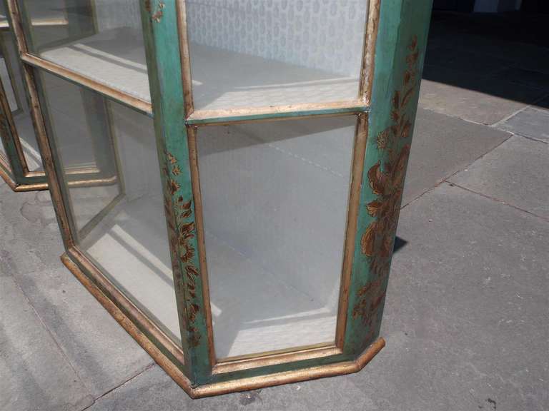 Mid-19th Century Pair of Italian Painted & Gilt Interior Upholstered Hanging Wall Vitrines C 1850