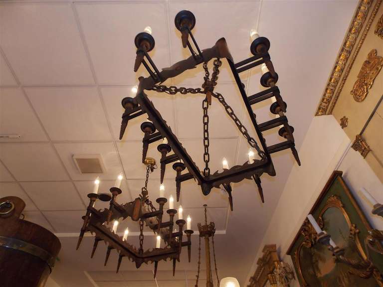 Pair of French Wrought Iron and Gilt Chandeliers, Circa 1820 For Sale 6