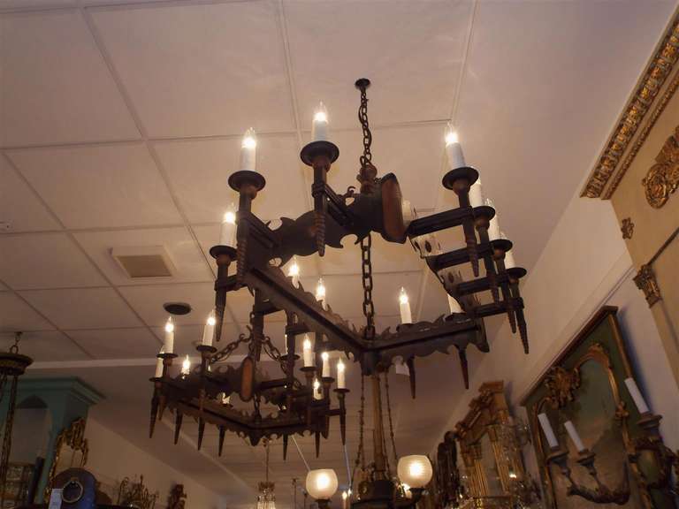 Pair of French Wrought Iron and Gilt Chandeliers, Circa 1820 In Excellent Condition For Sale In Hollywood, SC