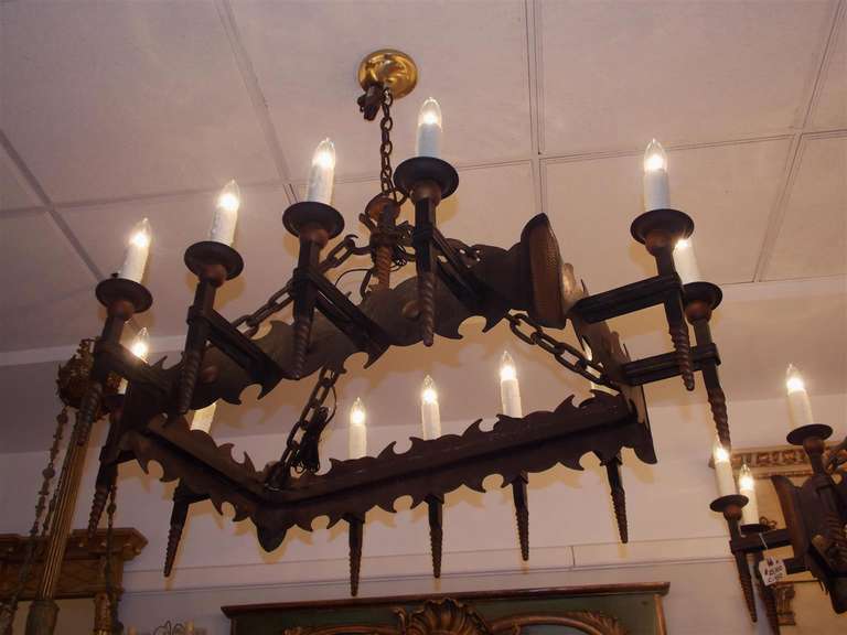 19th Century Pair of French Wrought Iron and Gilt Chandeliers, Circa 1820 For Sale