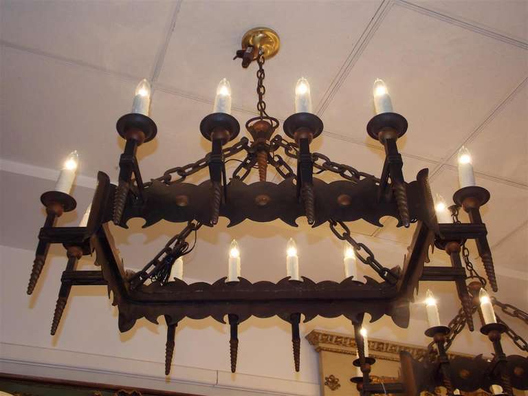 Pair of French Wrought Iron and Gilt Chandeliers, Circa 1820 For Sale 1