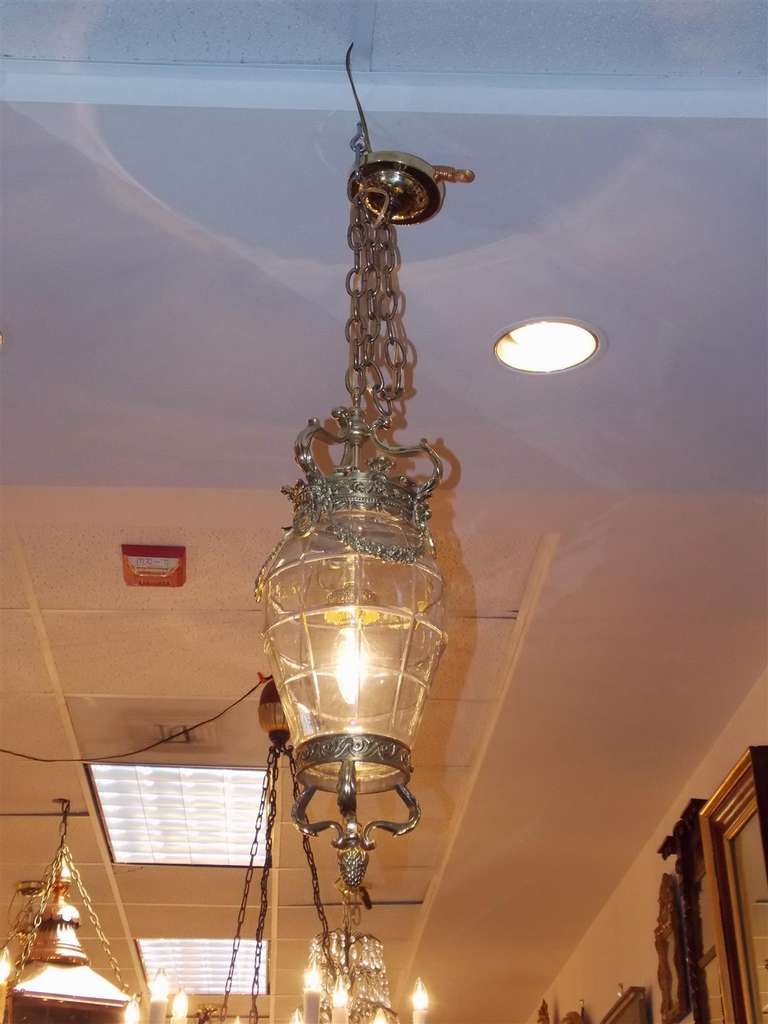 French Brass Hanging Glass Lantern, Circa 1840 In Excellent Condition For Sale In Hollywood, SC