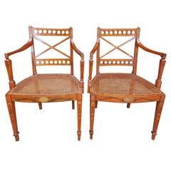 Pair of English Satinwood Painted Arm Chairs, Circa 1800