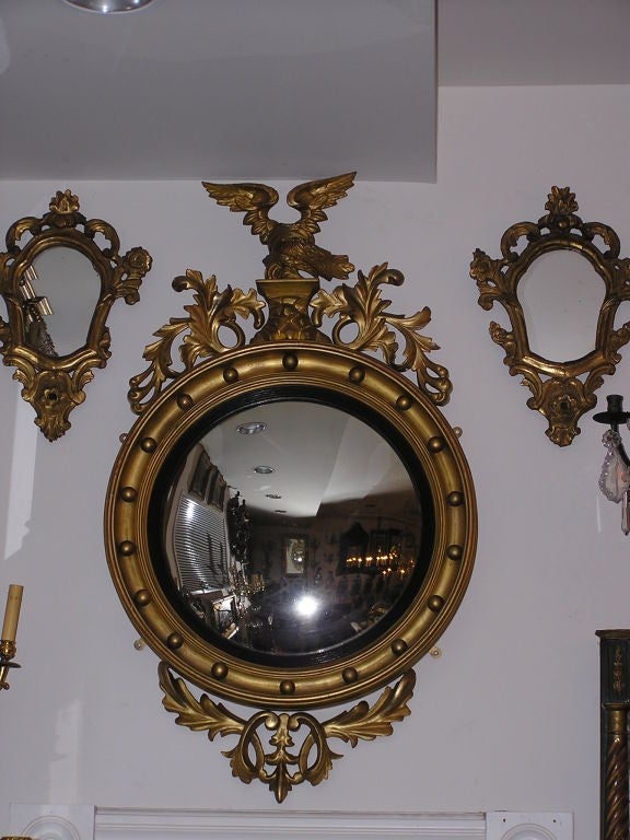 American Gilt Carved Wood Convex Eagle & Acanthus Wall Mirror, Circa 1810