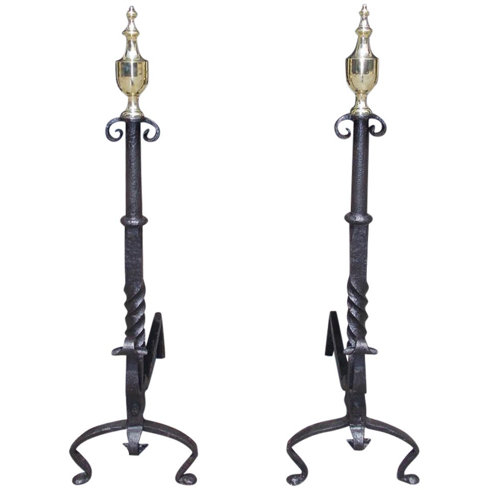 Pair of American Wrought Iron and Brass Urn Finial Andirons. Circa 1770 For Sale