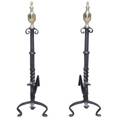 Antique Pair of American Wrought Iron and Brass Urn Finial Andirons. Circa 1770