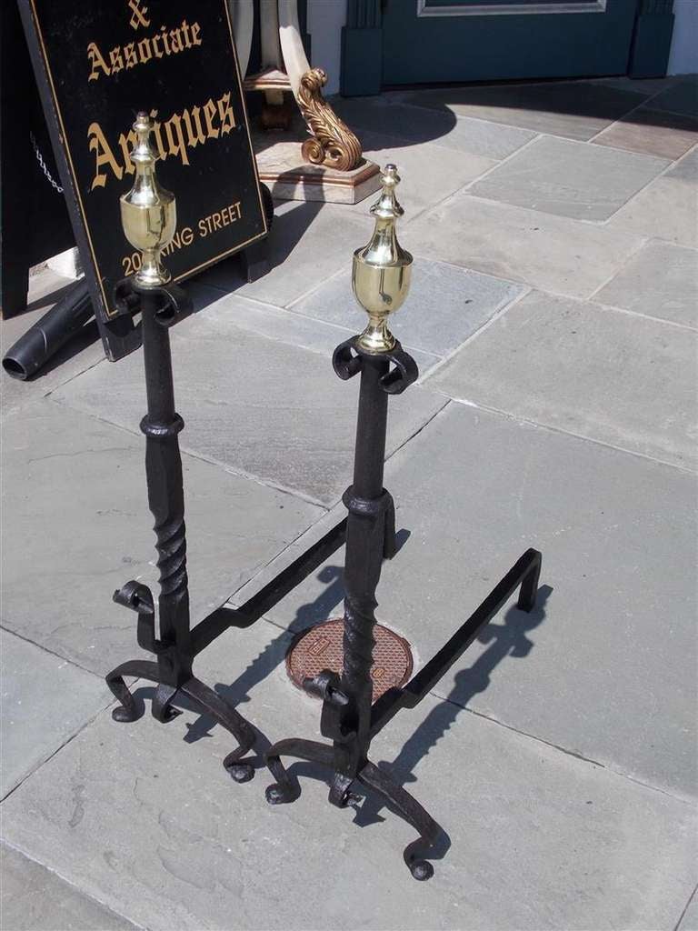 Late 18th Century Pair of American Wrought Iron and Brass Urn Finial Andirons. Circa 1770 For Sale