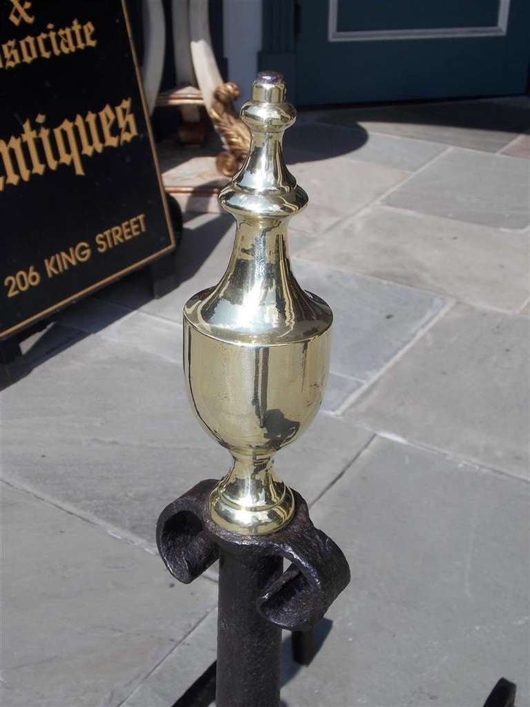 Pair of American Wrought Iron and Brass Urn Finial Andirons. Circa 1770 For Sale 2