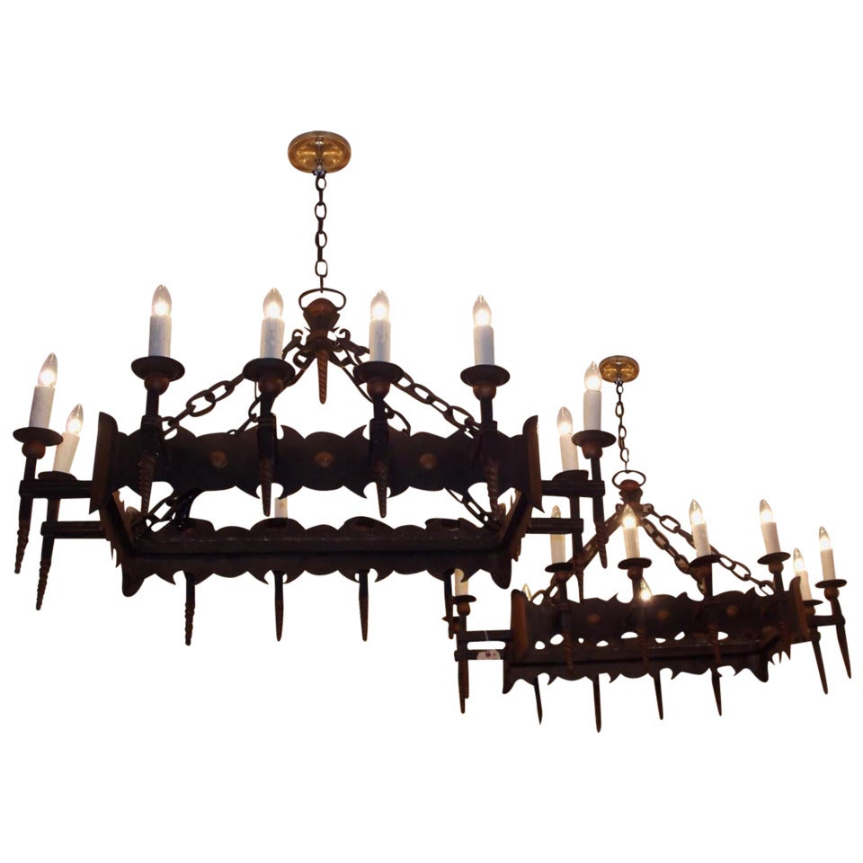 Pair of French Wrought Iron and Gilt Chandeliers, Circa 1820 For Sale