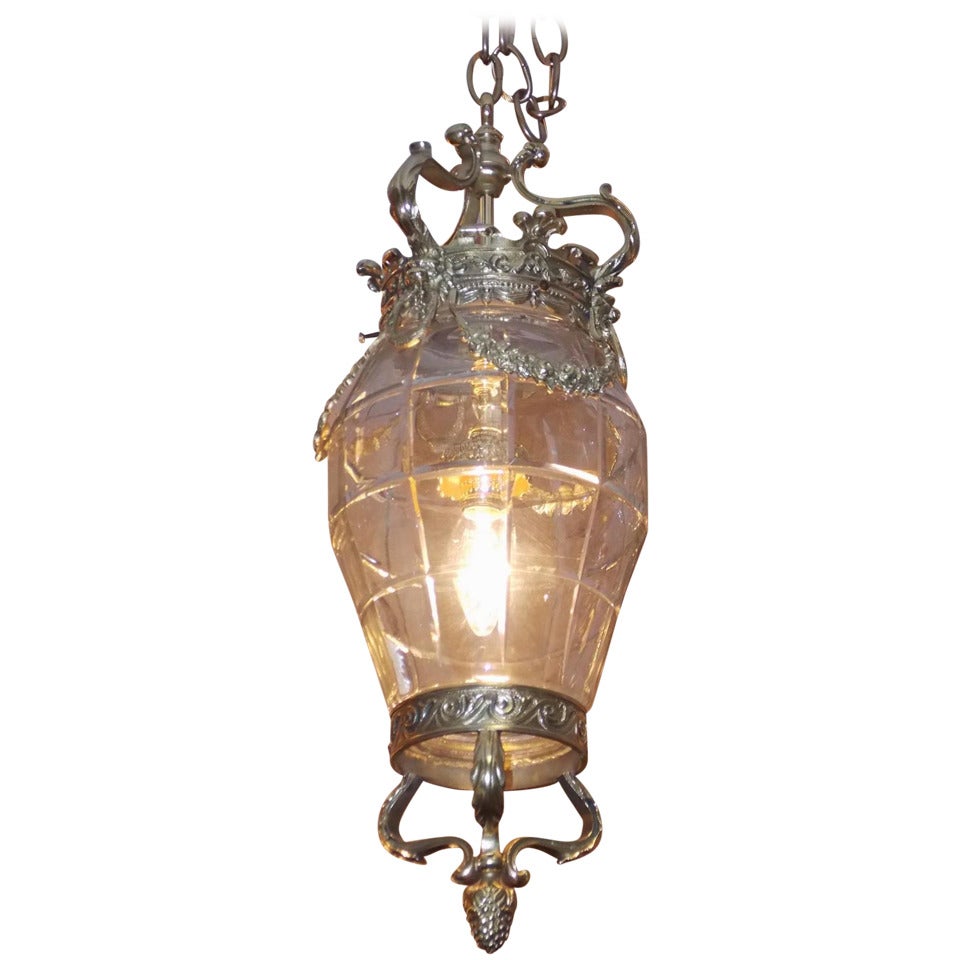 French Brass Hanging Glass Lantern, Circa 1840 For Sale
