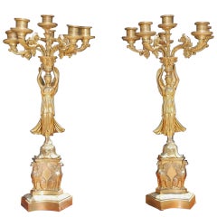 Antique Pair of American Angelic Figural Gilt Bronze Candelabras, Circa 1820