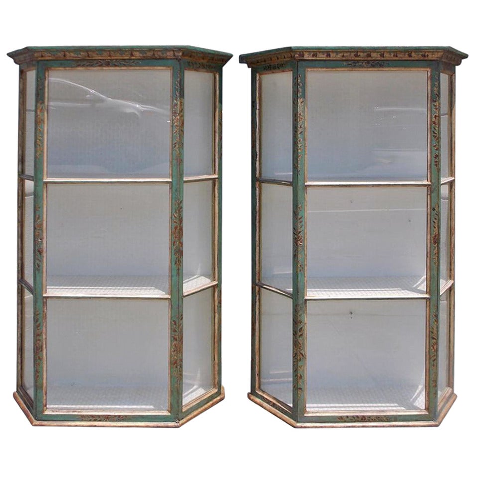 Pair of Italian Painted and Gilt Hanging Wall Vitrines, Late 19th century