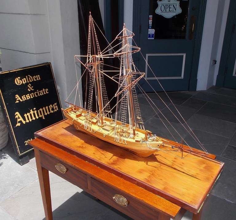 Hand-Carved American Frigate Ship Mounted on Pecky Birch Board, Circa 1890