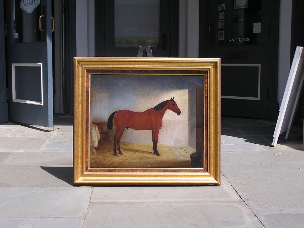 Victorien Huile sur toile anglaise avec un cheval dans une écurie, vers 1866 en vente