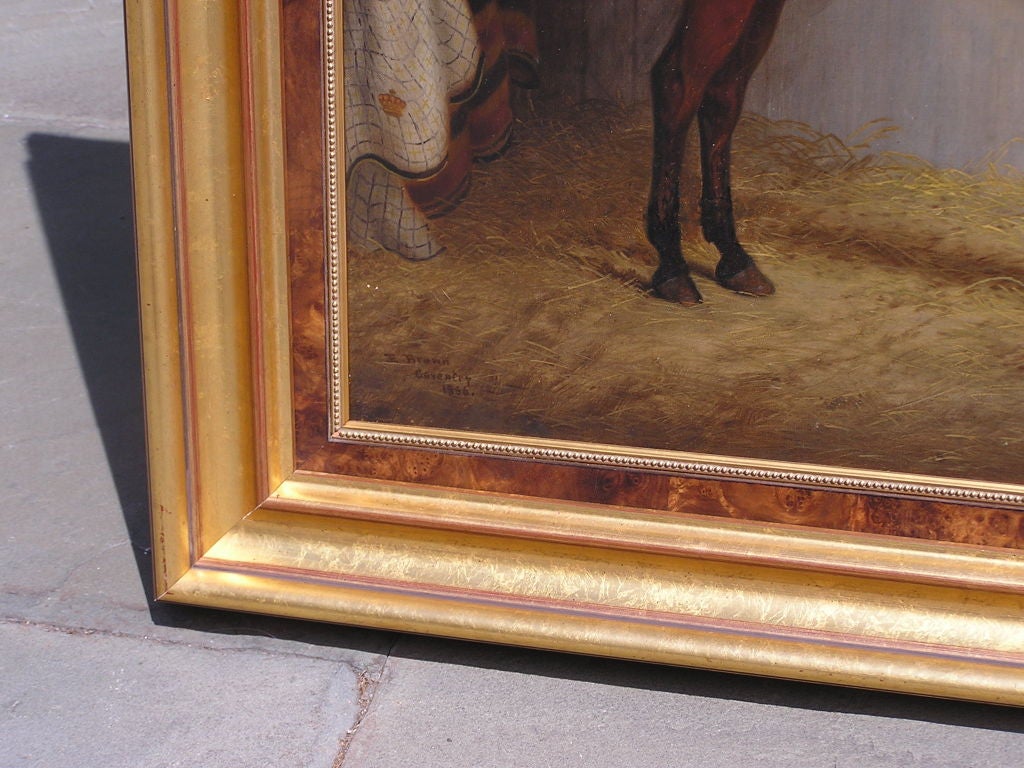 Huile sur toile anglaise avec un cheval dans une écurie, vers 1866 Excellent état - En vente à Hollywood, SC