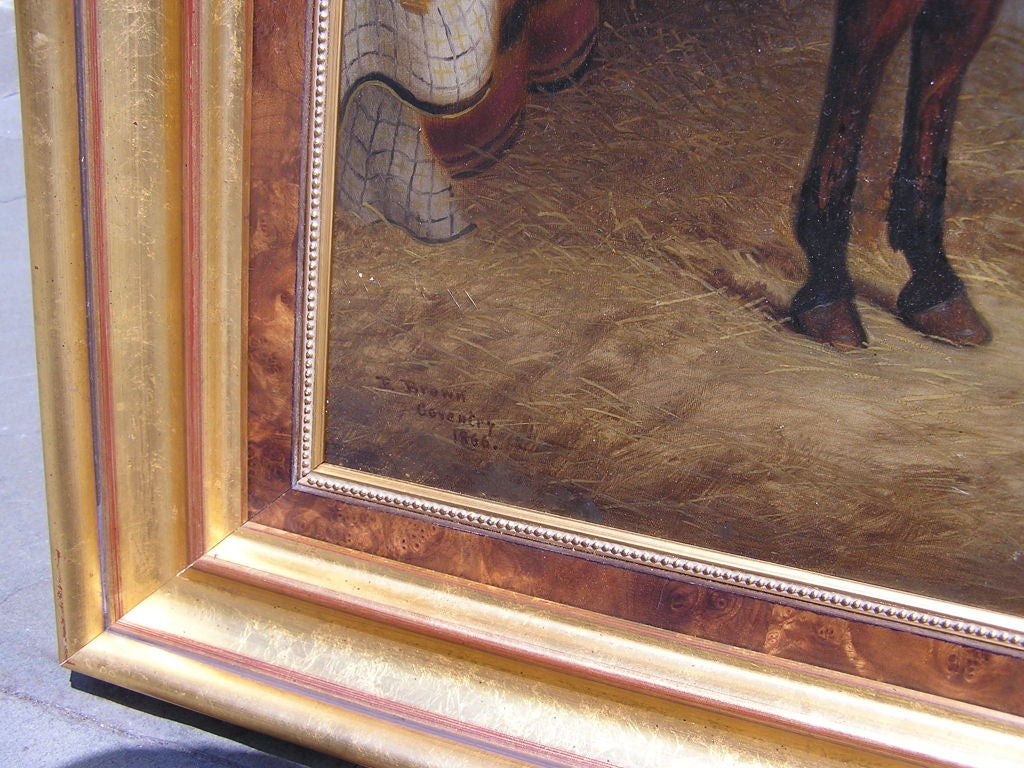 Milieu du XIXe siècle Huile sur toile anglaise avec un cheval dans une écurie, vers 1866 en vente