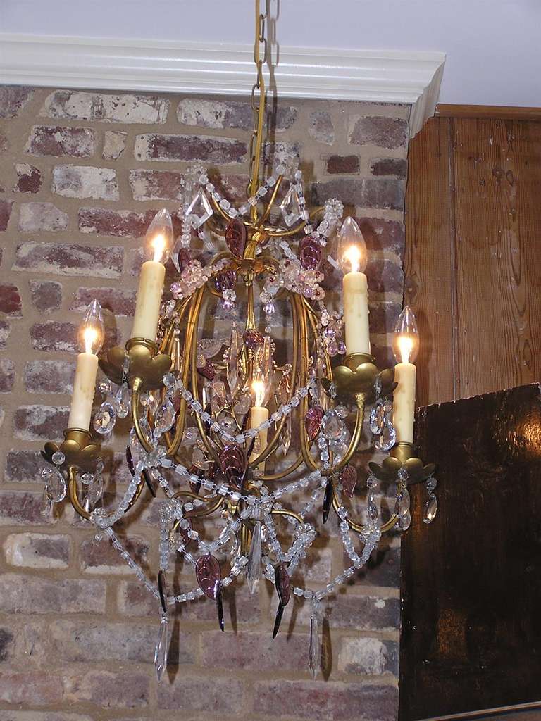 Louis Philippe French Gilt Bronze & Amethyst Crystal Five Arm Chandelier, Orig Candles, C 1850  For Sale