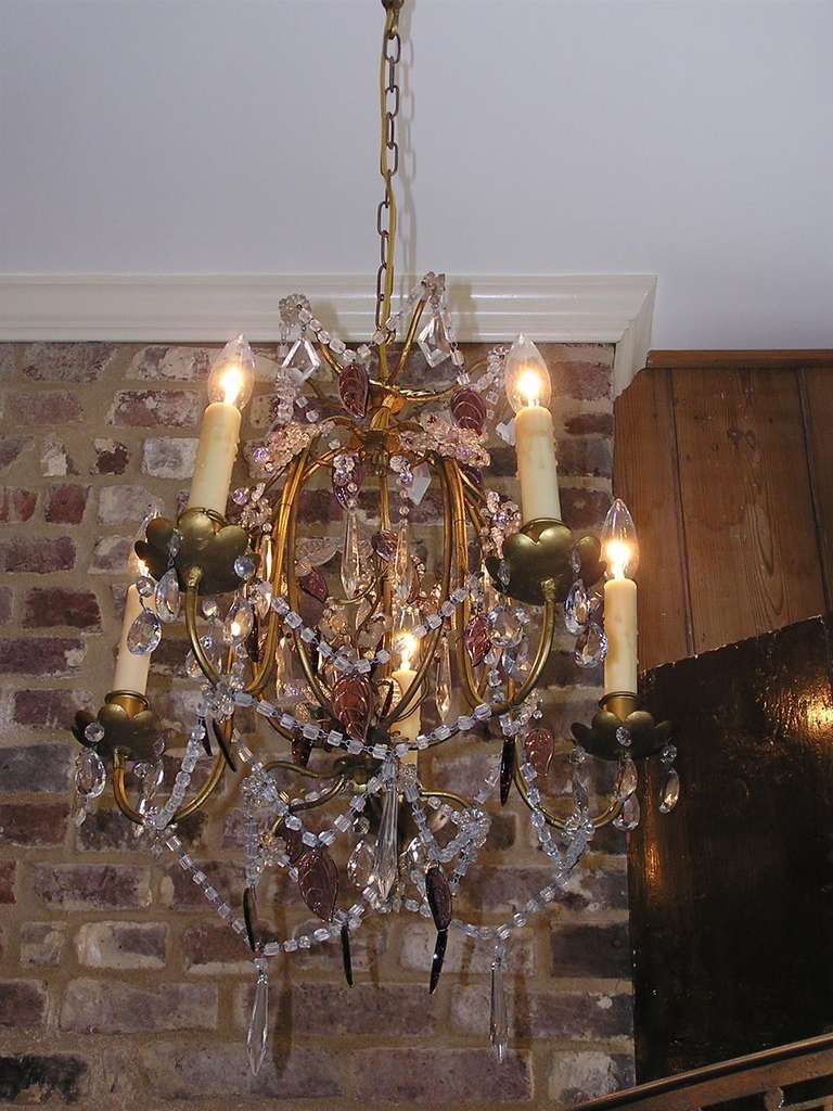 French Gilt Bronze & Amethyst Crystal Five Arm Chandelier, Orig Candles, C 1850  In Excellent Condition For Sale In Hollywood, SC
