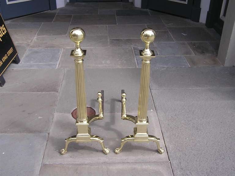 Pair of American Brass Ball Top Andirons In Excellent Condition For Sale In Hollywood, SC