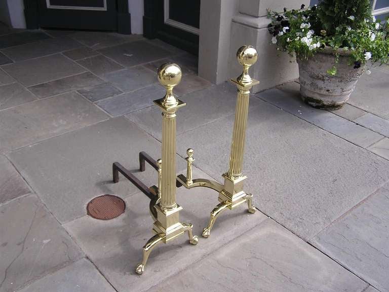 19th Century Pair of American Brass Ball Top Andirons For Sale