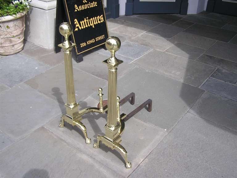 Pair of American Brass Ball Top Andirons For Sale 1