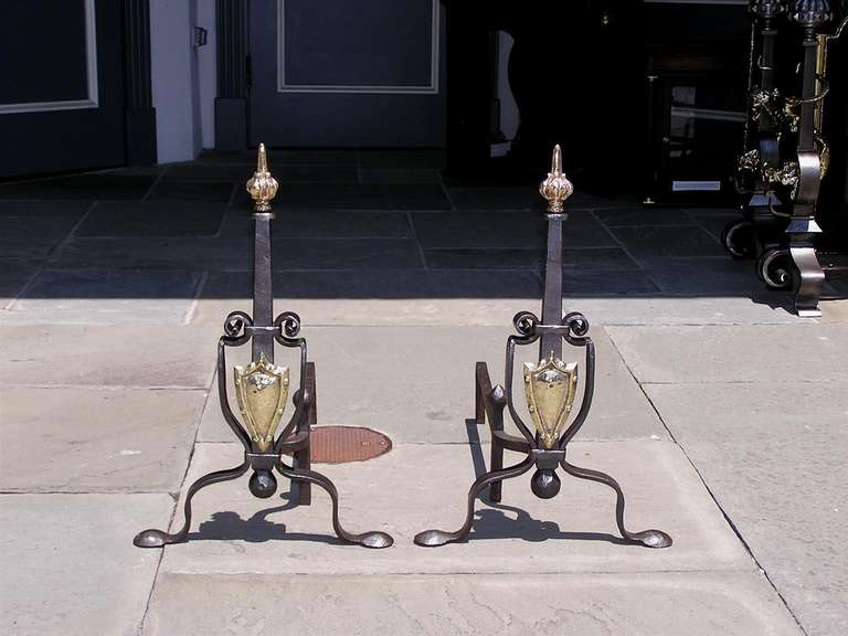 Pair of Italian brass and wrought iron andirons with floral finial tops,  shield medallion,  and terminating on scrolled legs with stylized penny feet with original log stops.  Dealers please call for trade price. 