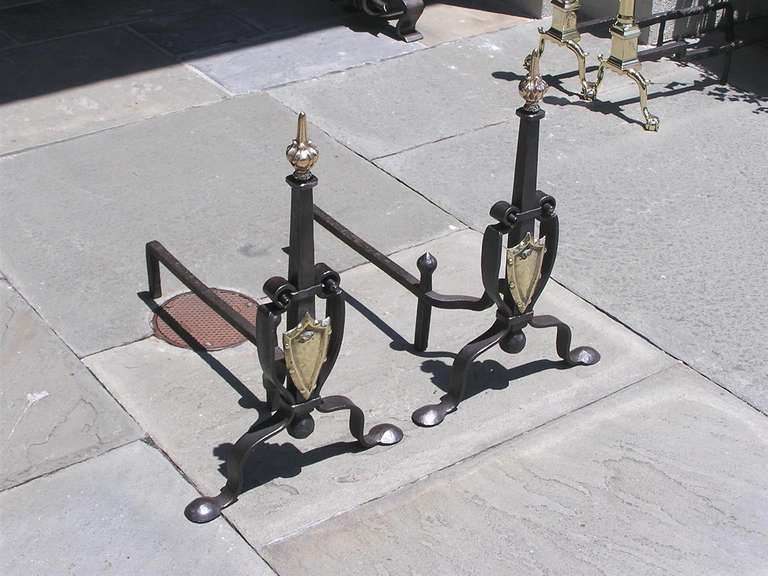 Pair of Italian Brass and Wrought Iron Andirons In Excellent Condition For Sale In Hollywood, SC