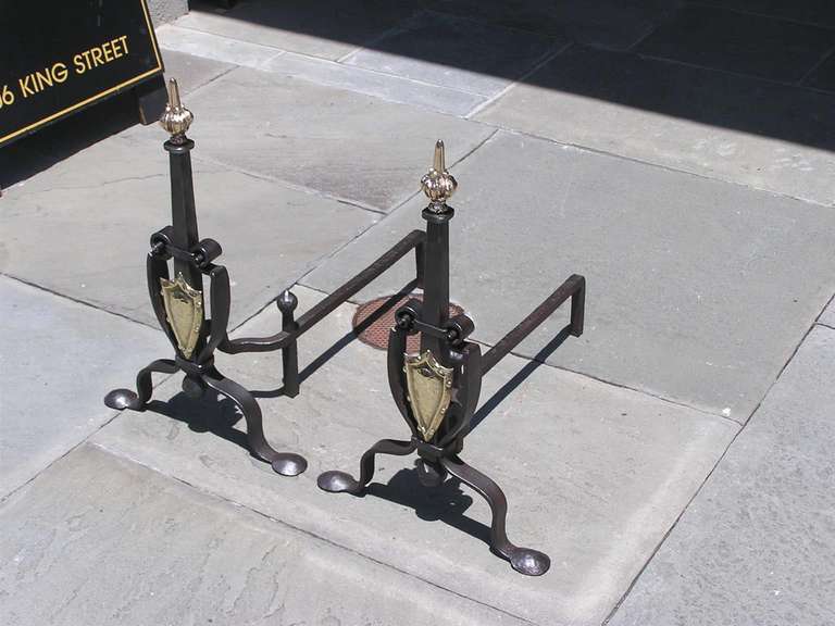 19th Century Pair of Italian Brass and Wrought Iron Andirons For Sale