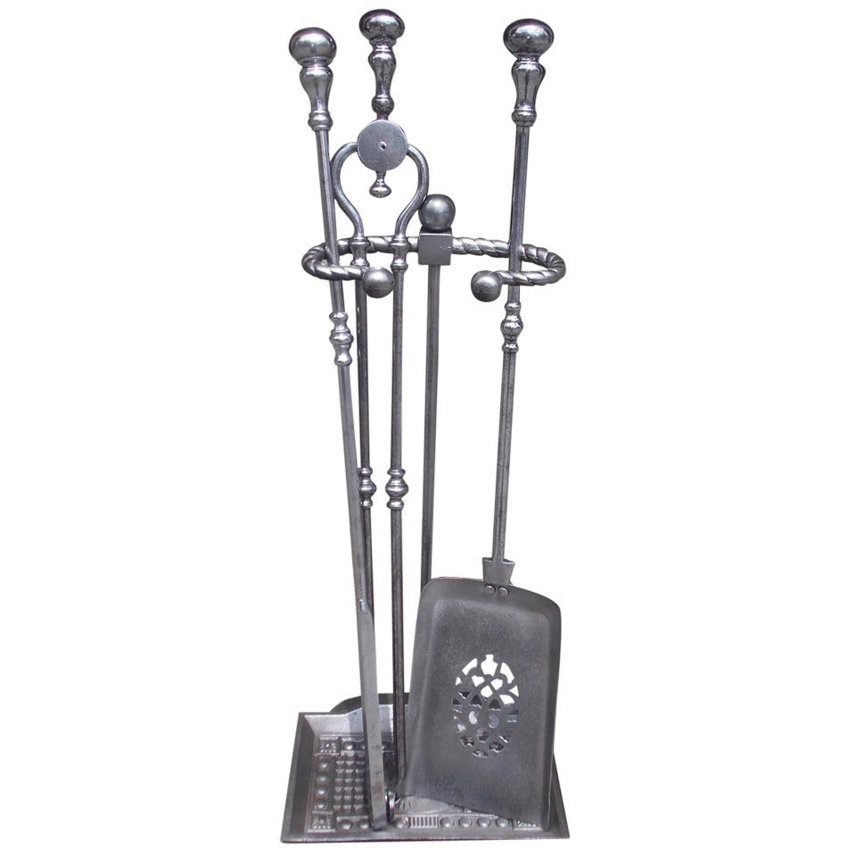 Set of English Polished Steel Tools On Stand.  19th Century For Sale