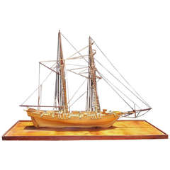 Antique American Frigate Ship Mounted on Pecky Birch Board, Circa 1890